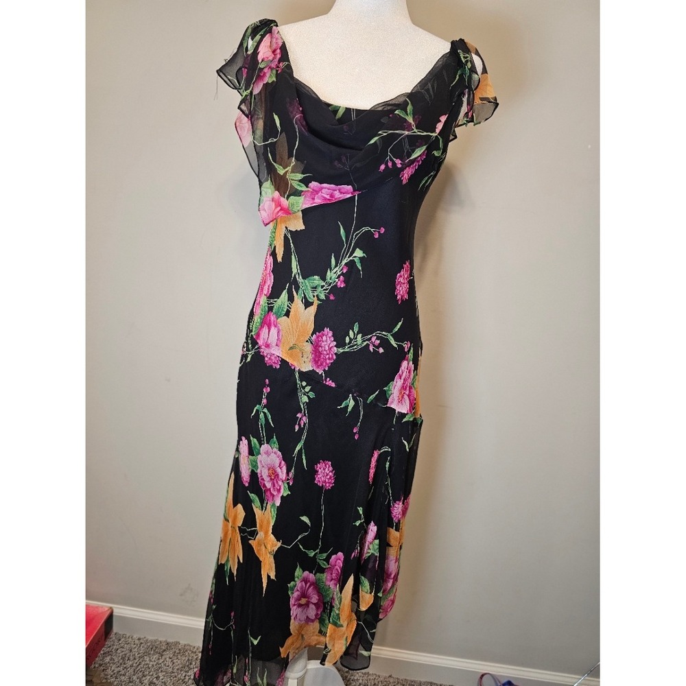 Signature By Robbie Bee Silk Floral Maxi Dress Black Pink Orange Cowl Neck Sz 12